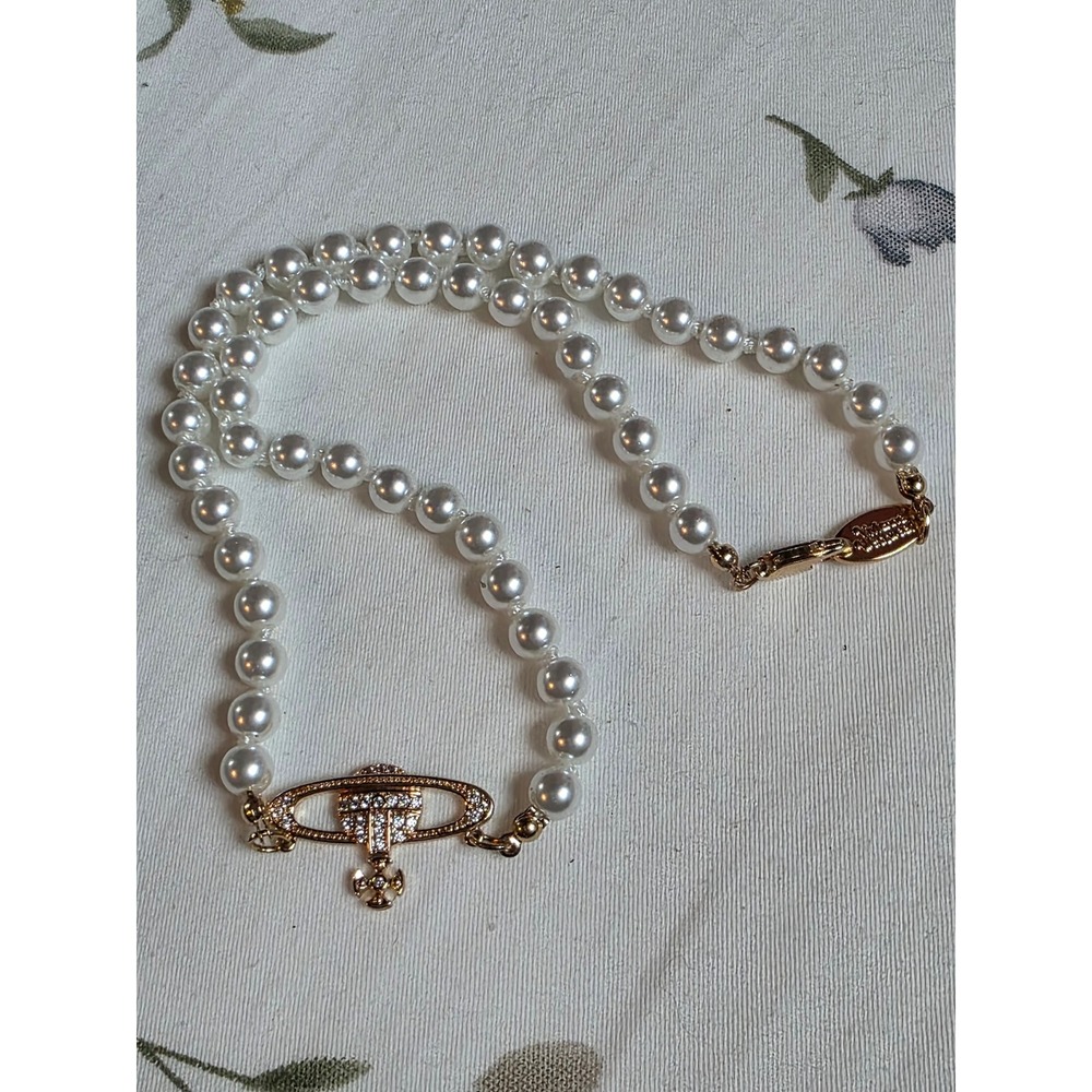 Vivienne Westwood Mini Bas Relief Pearl Choker Necklace Gold Tone Crystal Orb